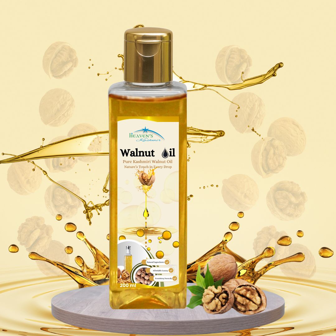 Walnut Oil 4 Premium cold-pressed Kashmiri walnut oil bottle by Heaven's Kashmir, known as pure Akhrot ka tel for hair growth and glowing skin